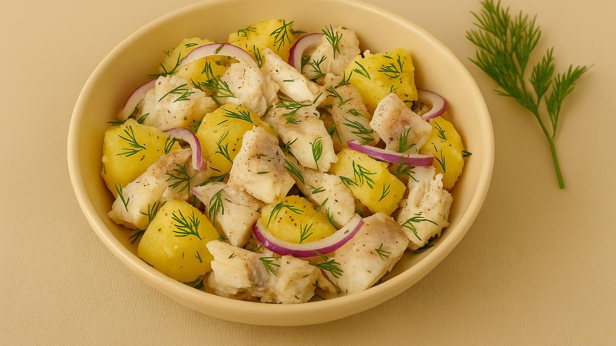 Салат из морской рыбы с картофелем и укропом