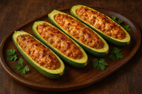 Лодочки из кабачков с курицей и овощами готовятся в духовке по итальянскому стилю