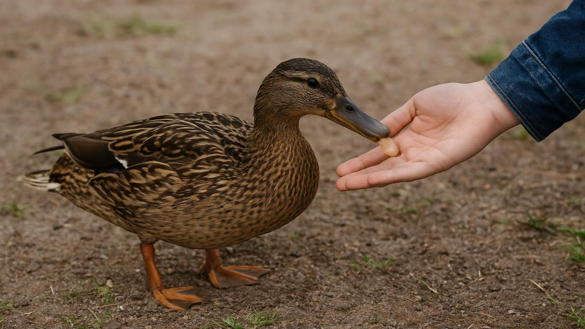 Человек кормит утку Человек кормит утку
