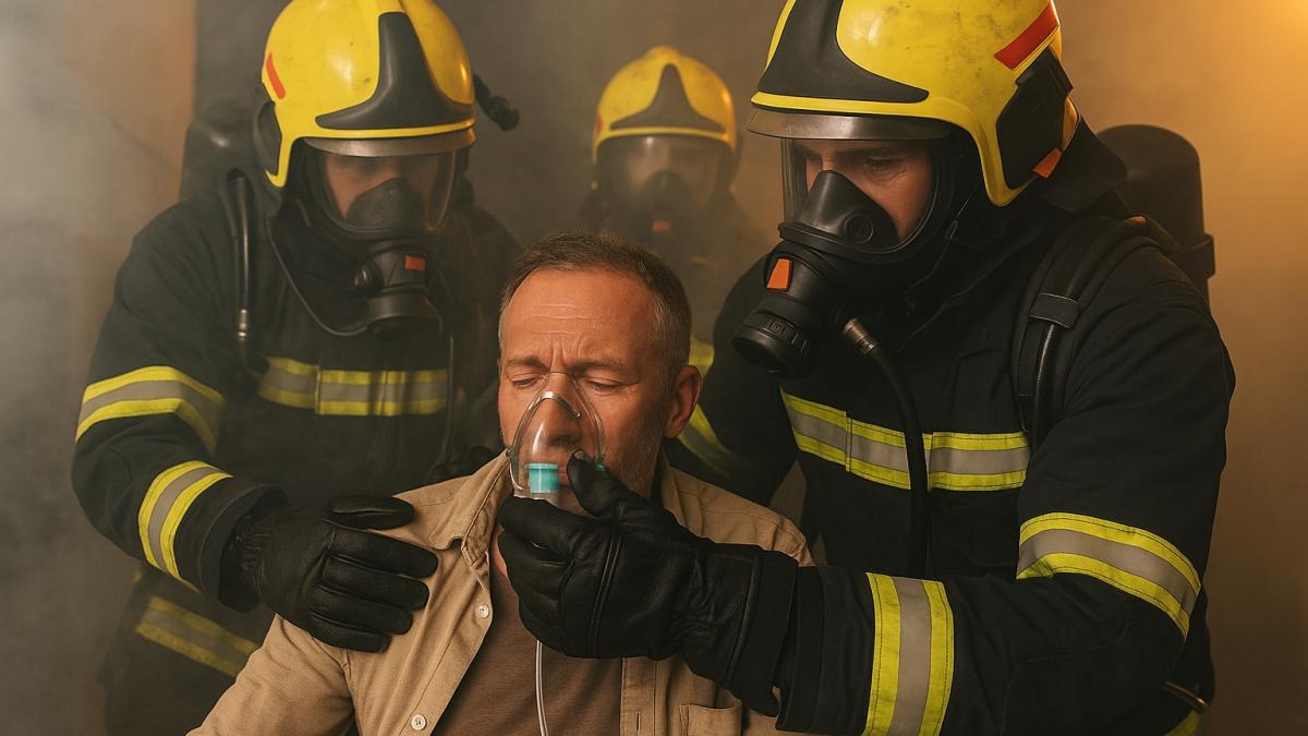 Пожарные помогают пострадавшему от угарного газа