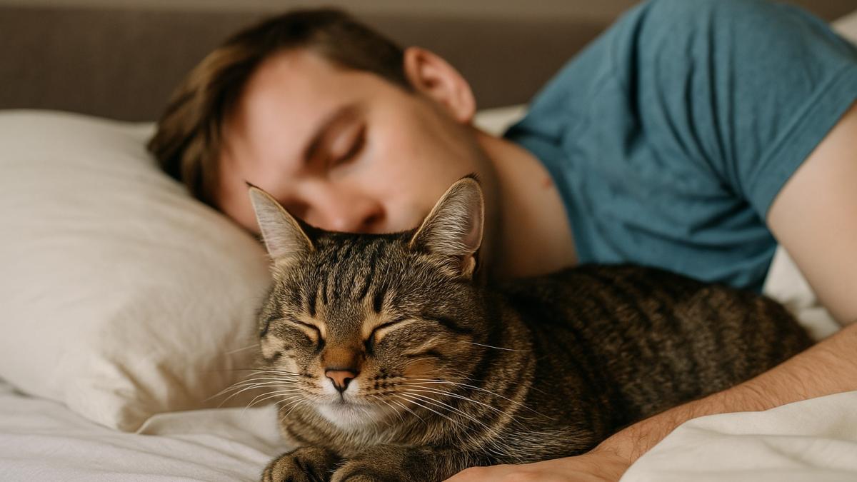 Кошка спит рядом с человеком