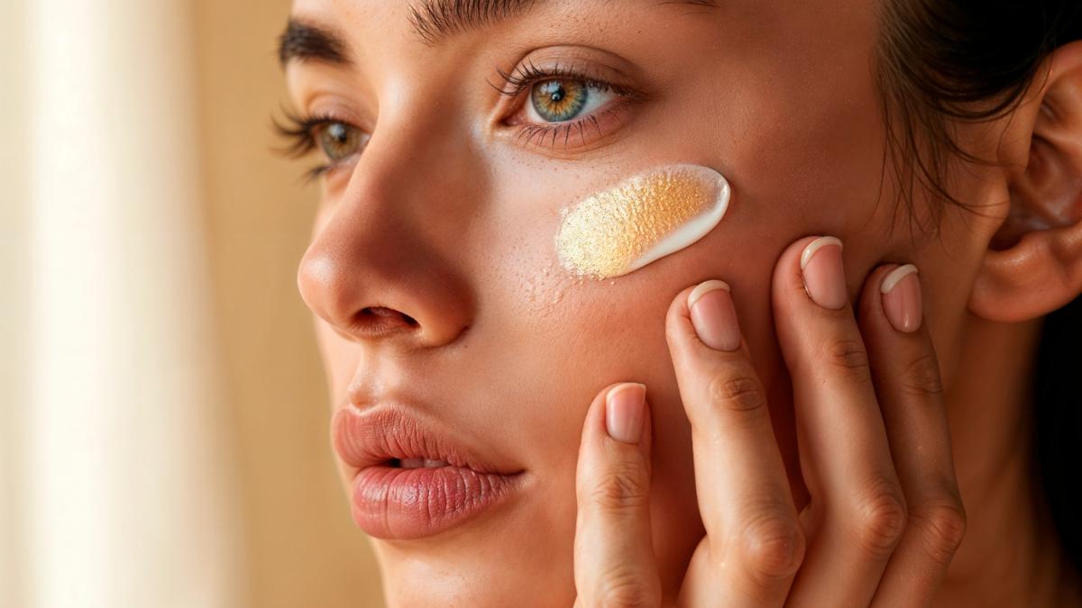 Женщина наносит средство для ухода за кожей на лицо