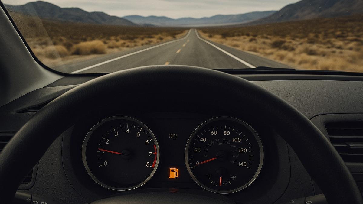 Вид из салона с лампочкой топлива