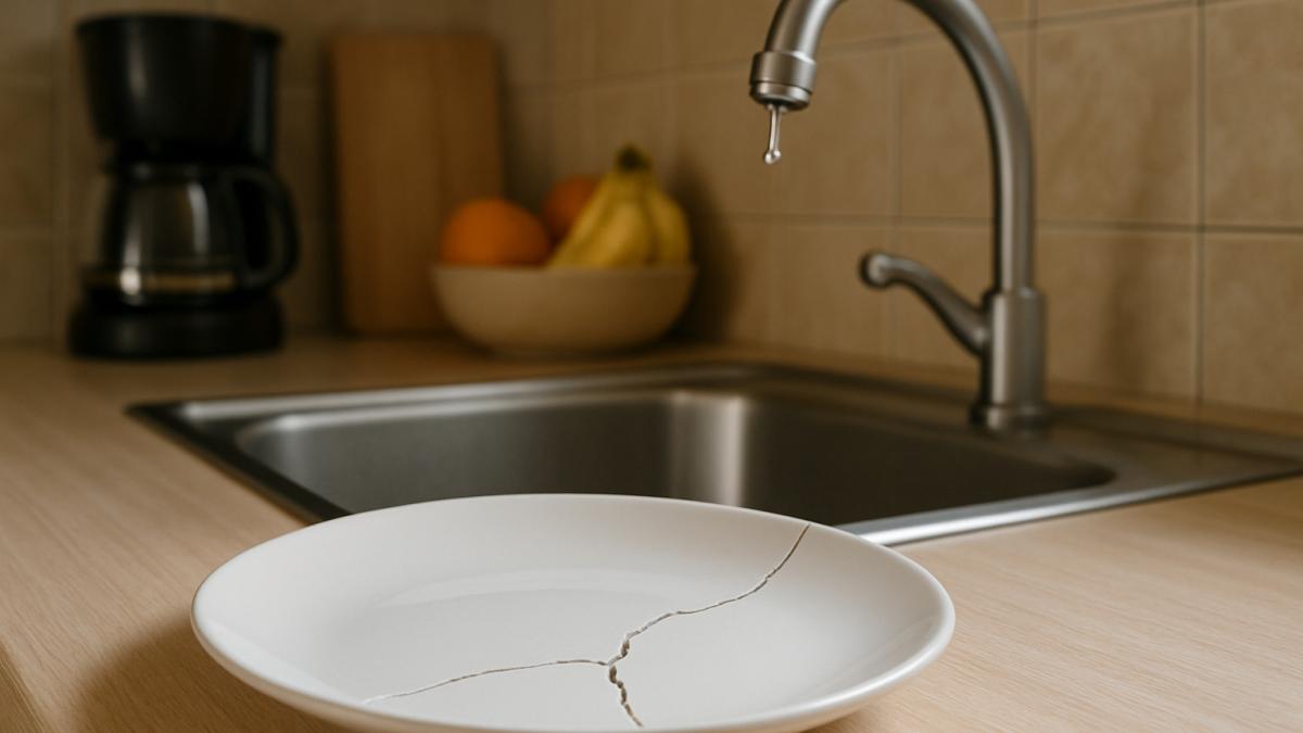 Кухня с треснувшей тарелкой и капающим краном Кухня с треснувшей тарелкой и капающим краном