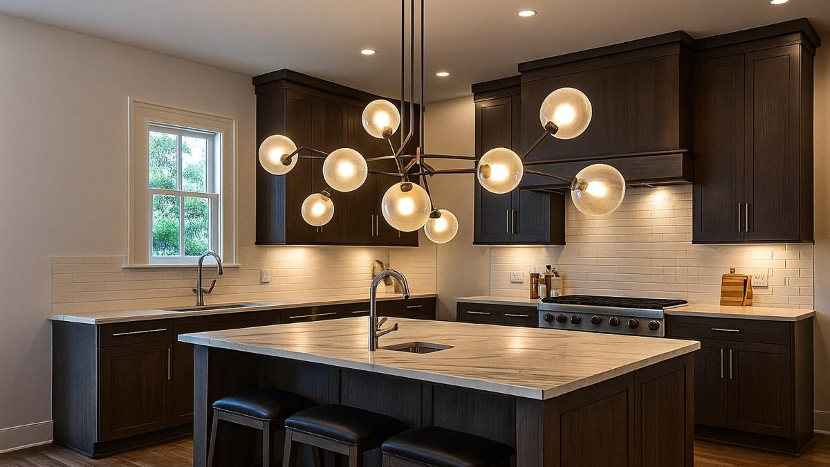 Современная кухня с дизайнерской люстрой