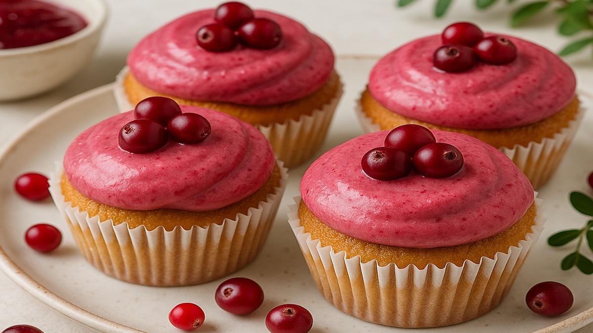 Капкейки с брусничной начинкой и клюквенной глазурью