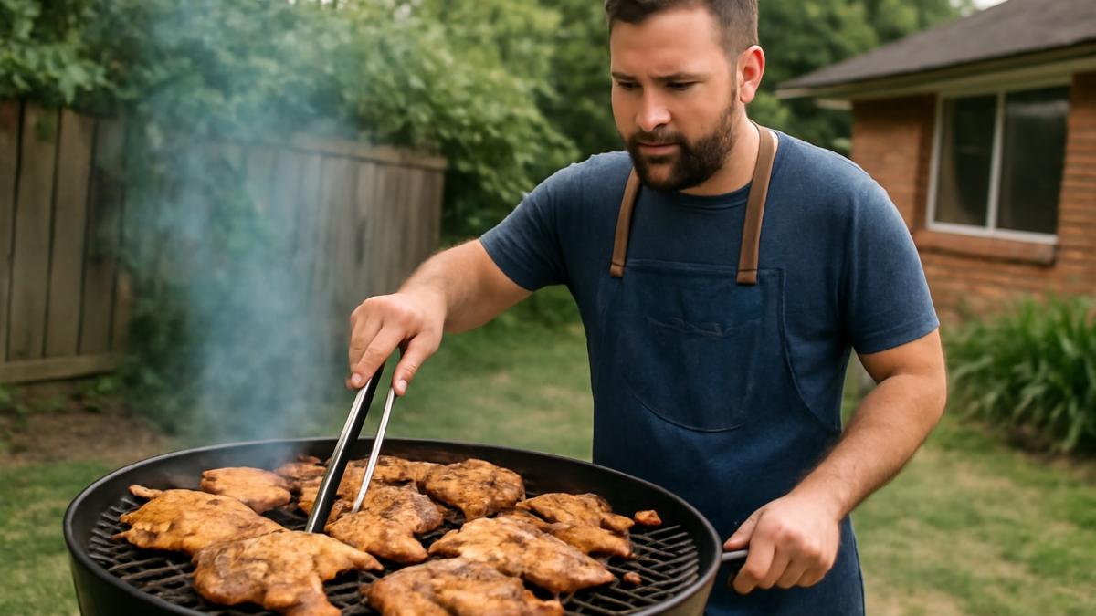 Мужчина готовит курицу на гриле Мужчина готовит курицу на гриле