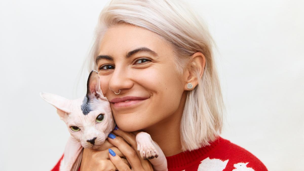 Девушка с кошкой породы Сфинкс