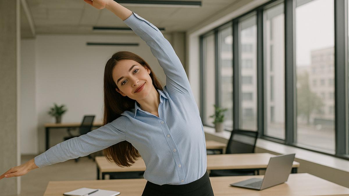 Девушка делает зарядку в офисе