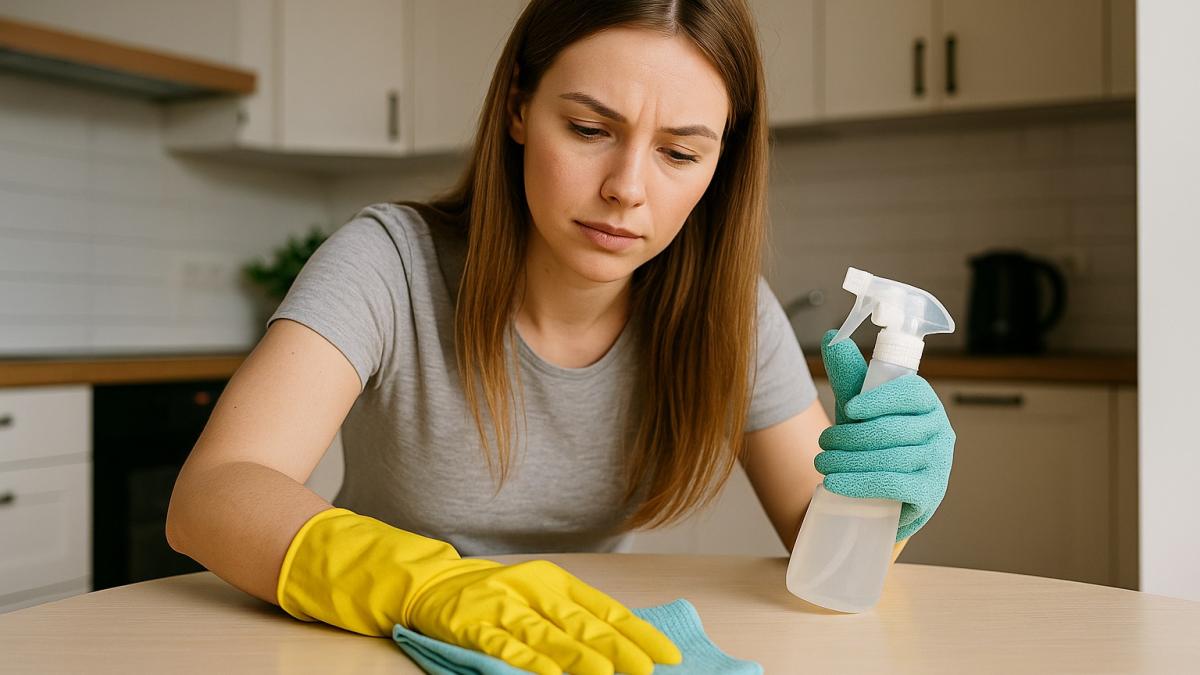 Девушка убирается дома