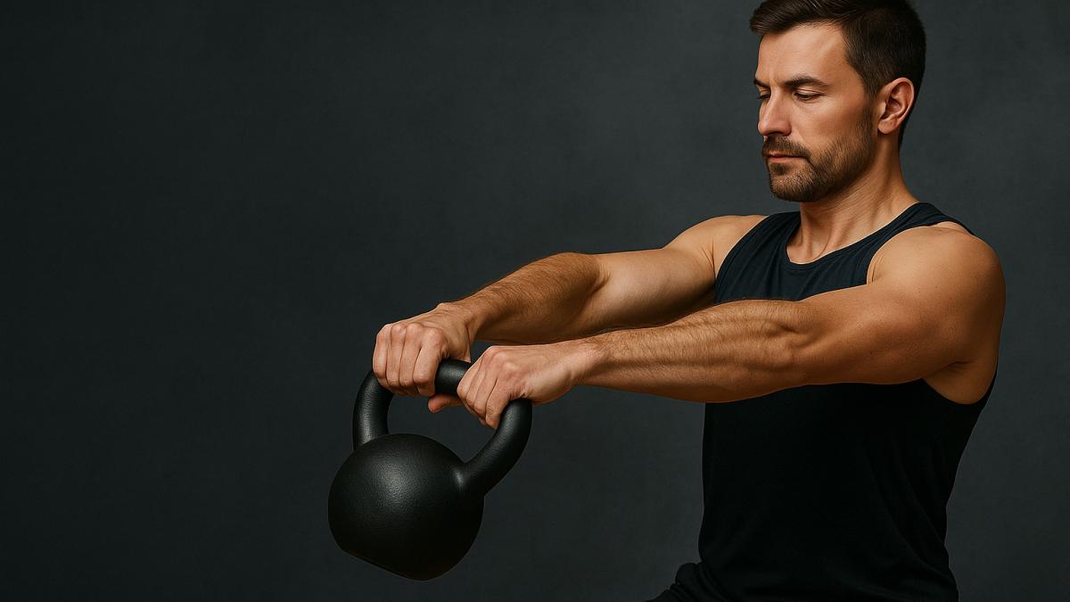 Мужчина выполняет махи гирей