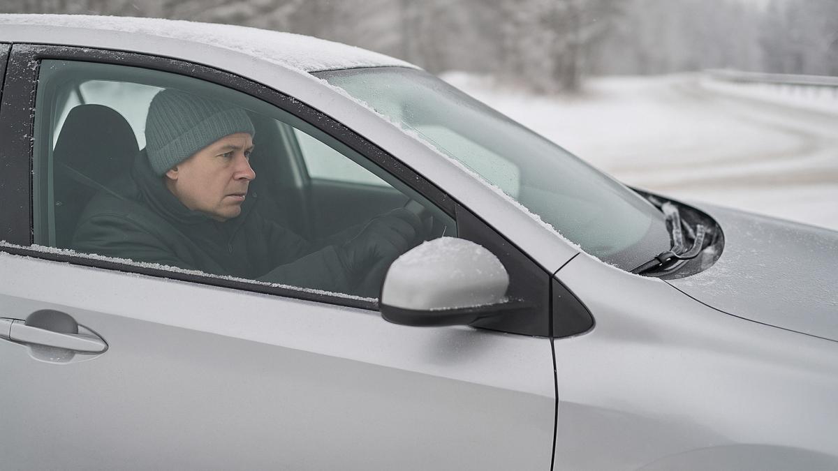 водитель на заснеженной дороге зимой