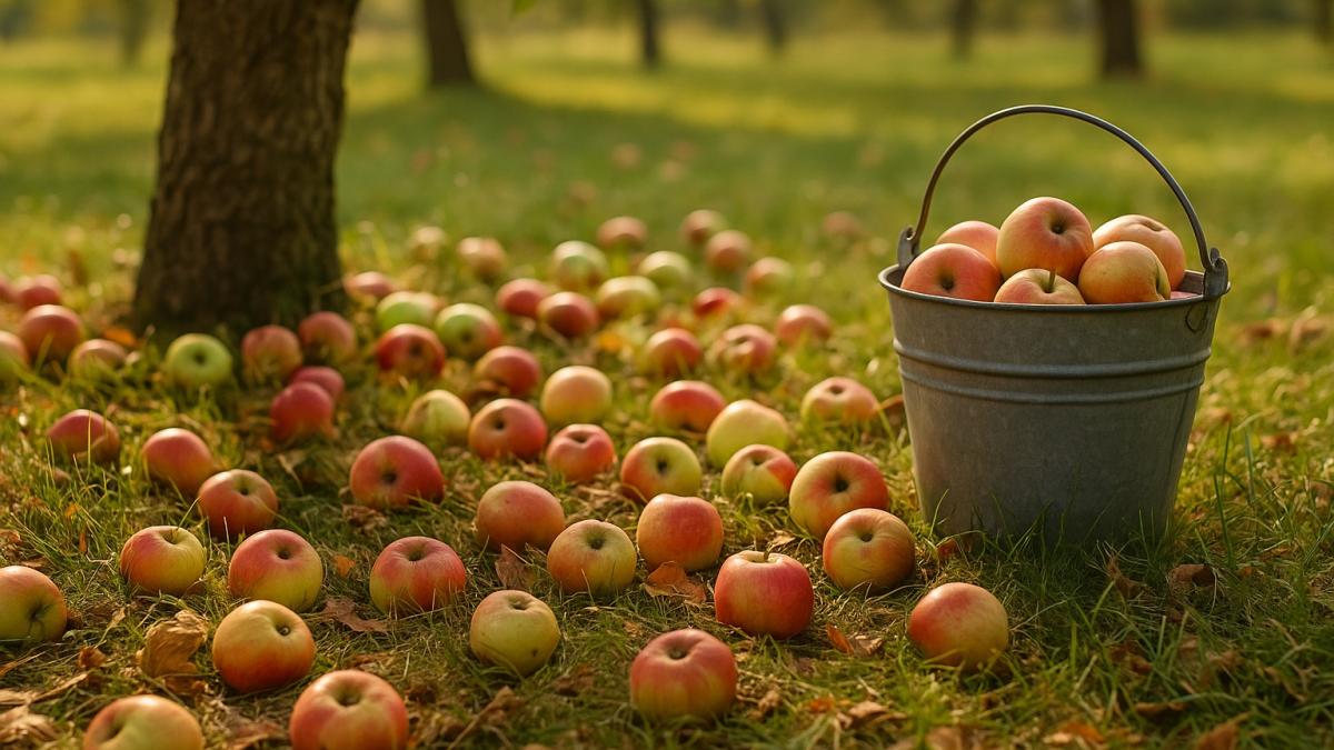 Падалица яблок на траве в саду