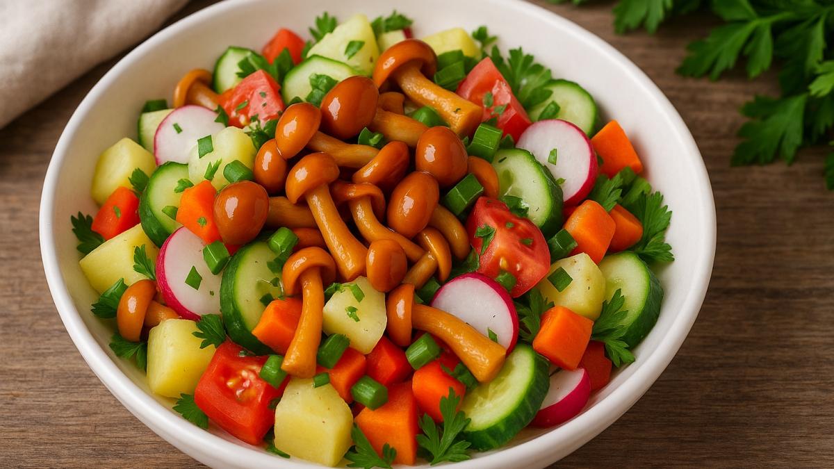 Салат с опятами и овощами