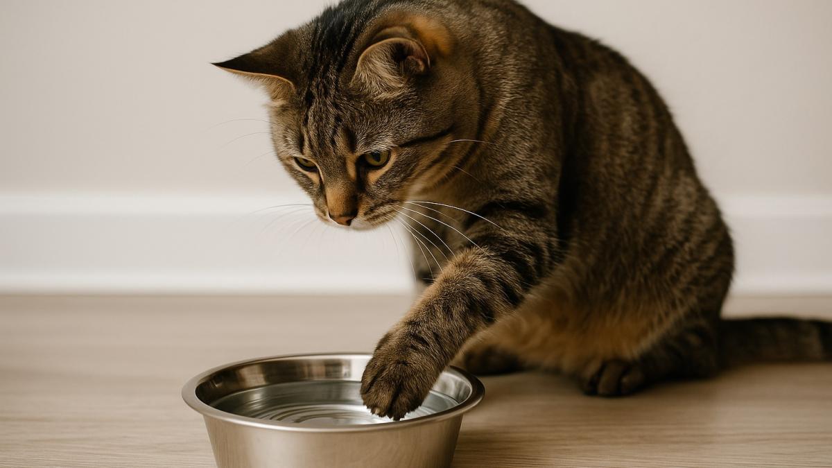 Кошка макает лапу в миску с водой Кошка макает лапу в миску с водой
