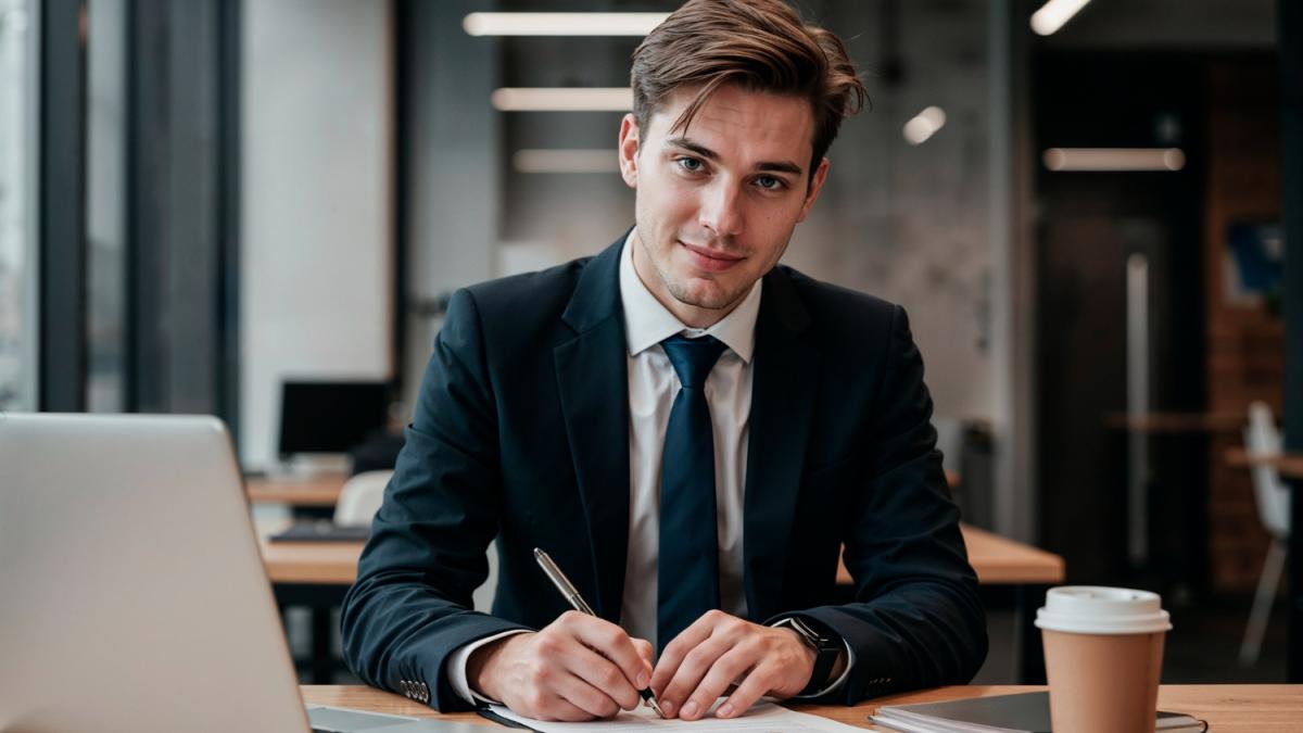 Уверенный в себе бизнесмен подписывает контракт за своим столом