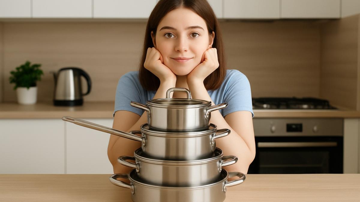 Девушка с кастрюлями на кухне