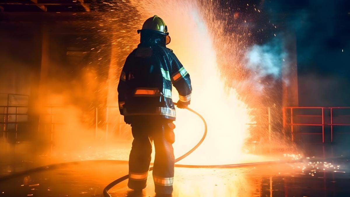 Пожарный тушит горящее здание из шланга Пожарный тушит горящее здание из шланга