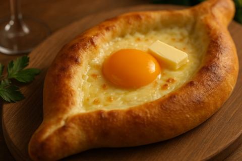 Хачапури по-аджарски с курицей получается хрустящим на открытом огне