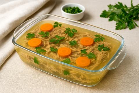 Бульон из говяжьих костей варится для холодца с овощами