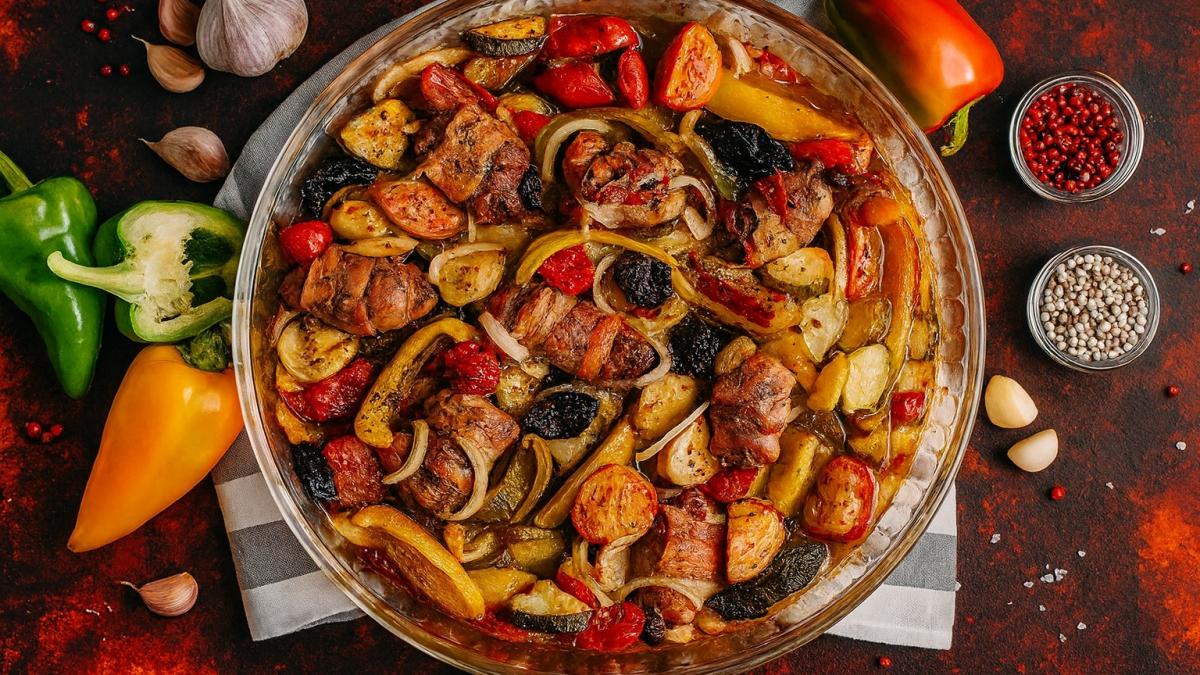 Запечённое мясо с овощами Запечённое мясо с овощами