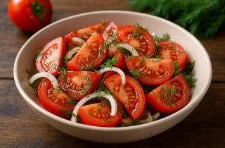 Салат Шакароб готовится за 20 минут из помидоров и лука