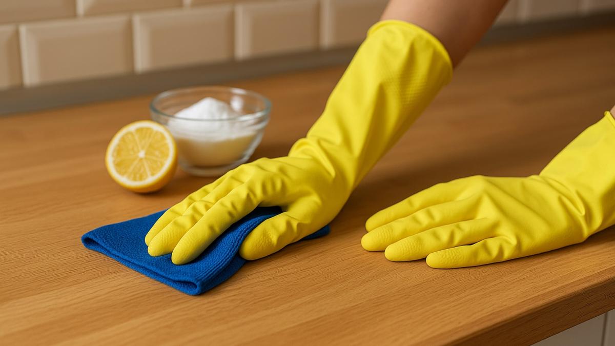 Чистка кухонной столешницы содой и лимоном  alt