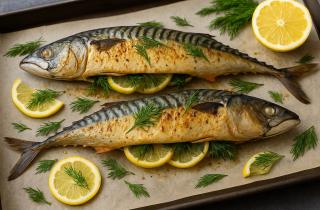 Скумбрия в соевом соусе запекается с луком и специями для золотистой корочки и сочности