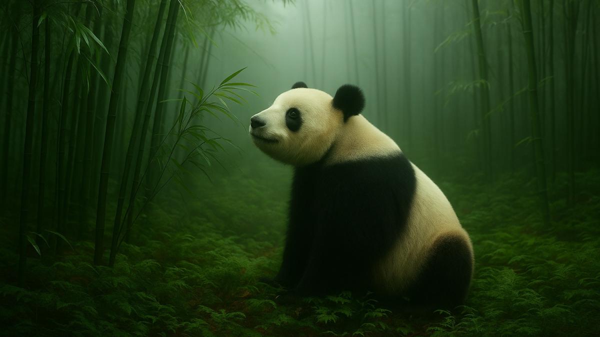 Одинокая панда в туманном бамбуковом лесу