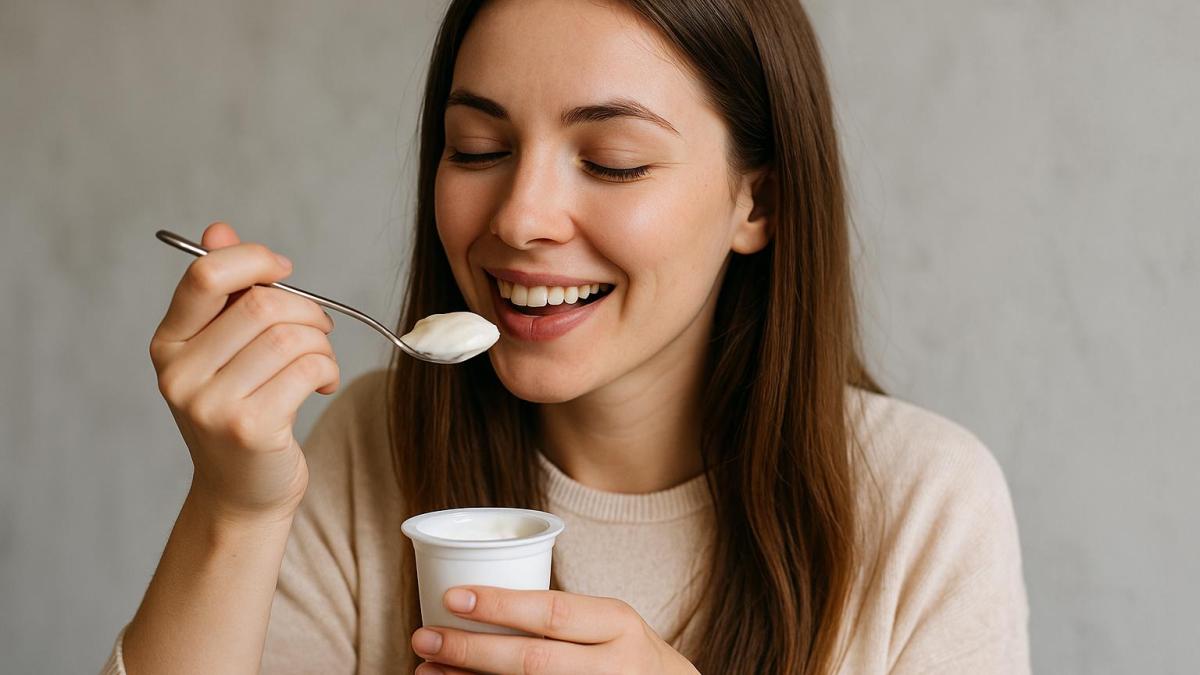 Девушка ест йогурт