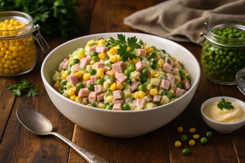 Универсальный салат с ветчиной подходит будням и праздникам одинаково — повар