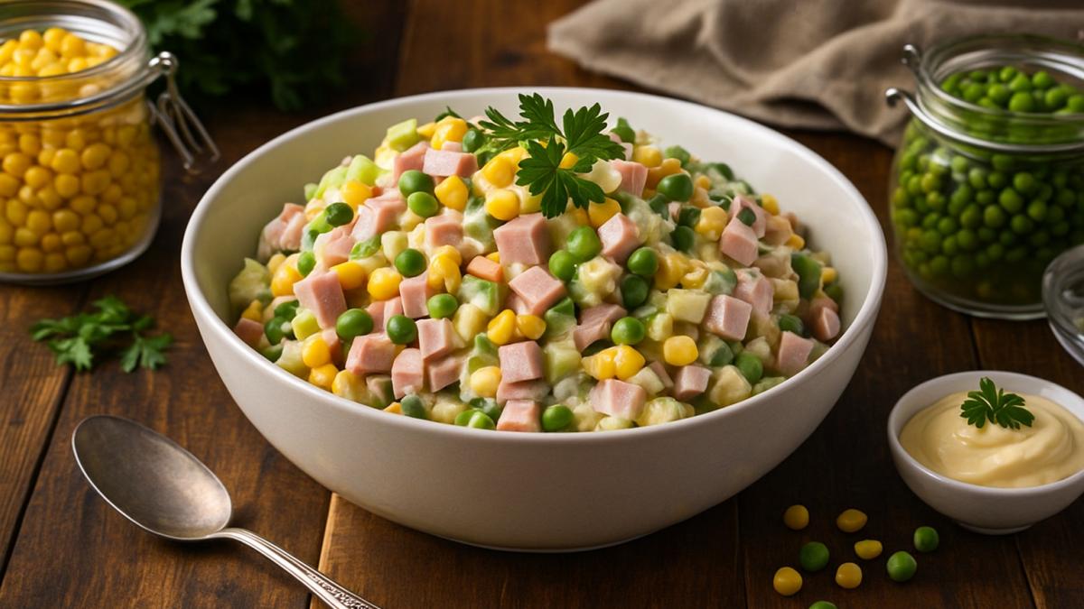 Салат с кукурузой, горошком и ветчиной