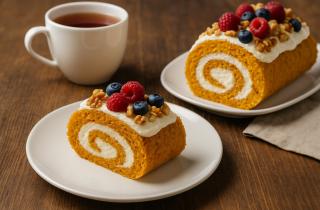 Бисквитный рулет с бананом выпекается при 180 градусах до легкого золотистого оттенка