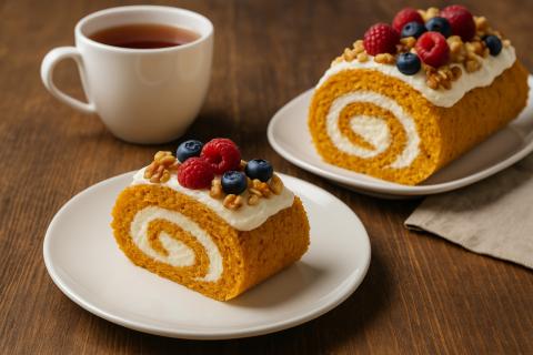 Бисквитный рулет с бананом выпекается при 180 градусах до легкого золотистого оттенка