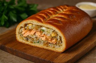 Рыбник с луком, картошкой и рыбой в духовке запекается при 180 градусах