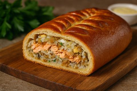 Рыбник с луком, картошкой и рыбой в духовке запекается при 180 градусах