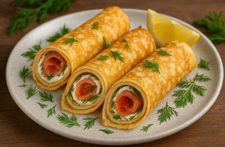 Блины с крабовыми палочками сочетают нежность начинки и сливочность теста