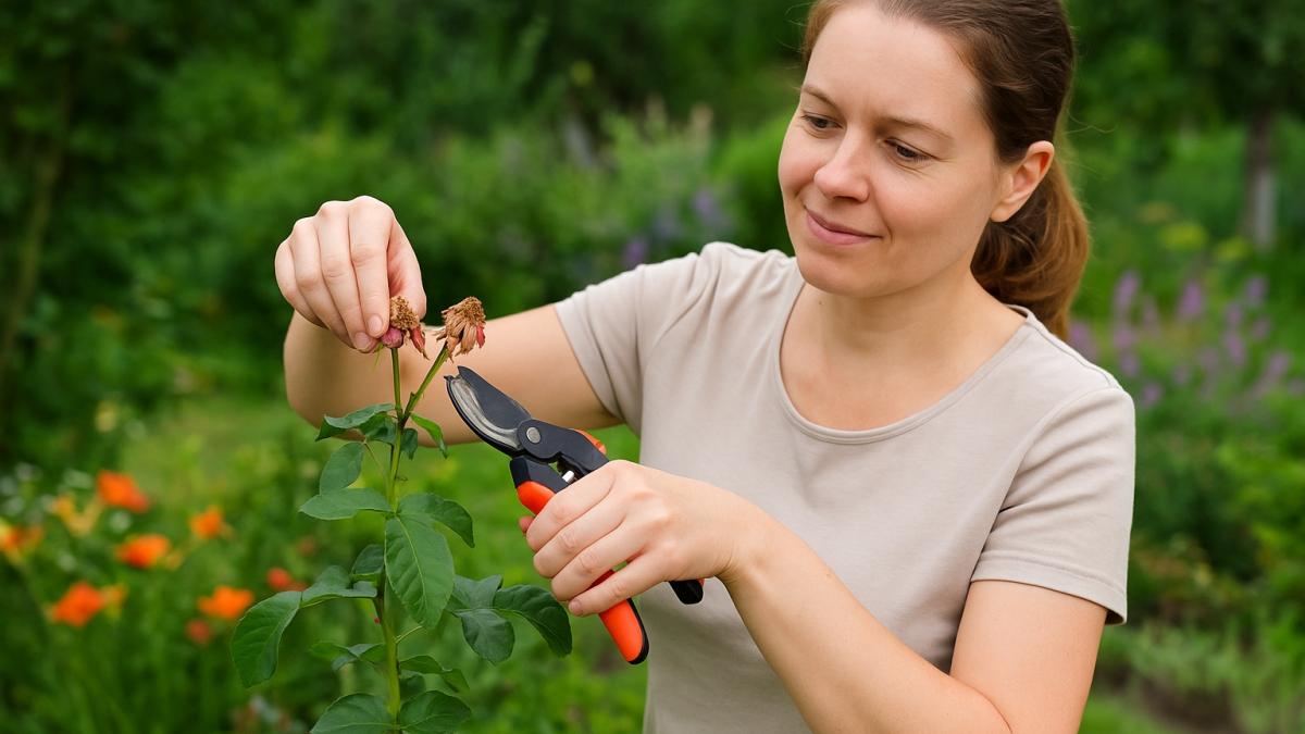 Женщина срезает бутоны на даче