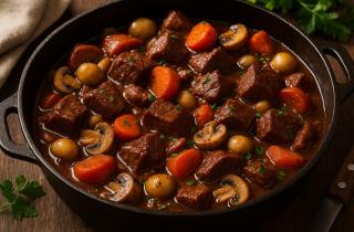 Запеканка из свинины, шампиньонов и томатов под сыром получается сочной — повар