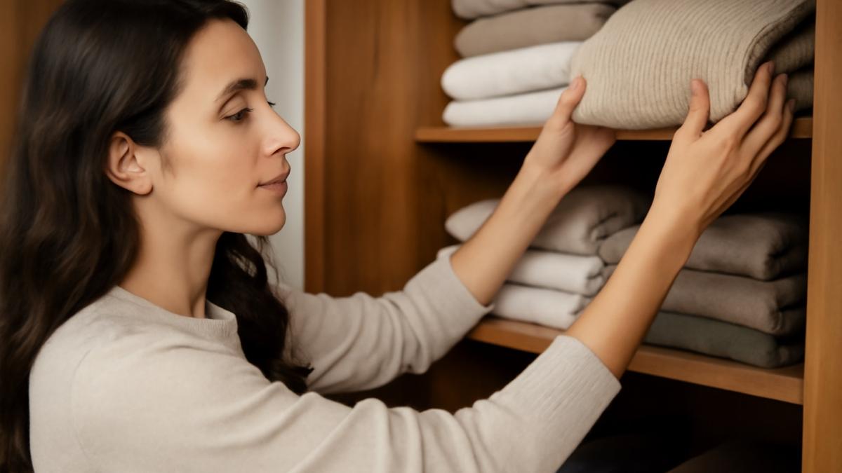 Девушка убирает вещи в шкаф