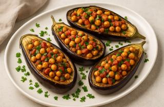 Фаршированные баклажаны с овощной начинкой запекаются в духовке до кремовой текстуры заливки