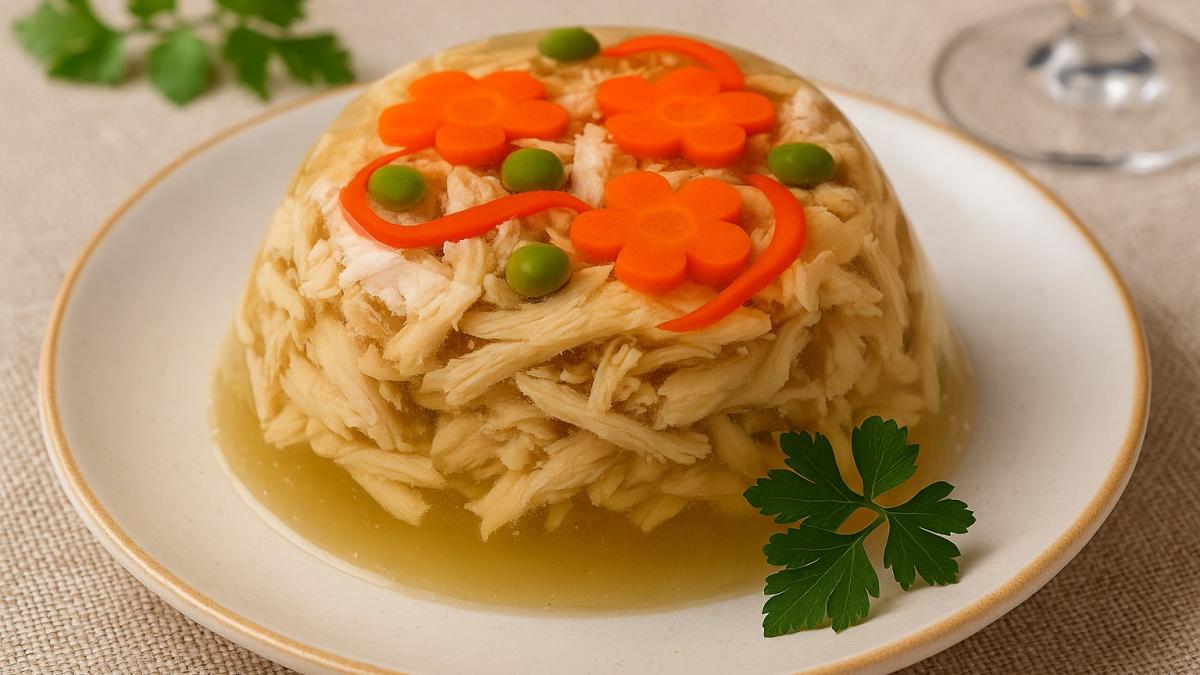Праздничное куриное заливное с овощами
