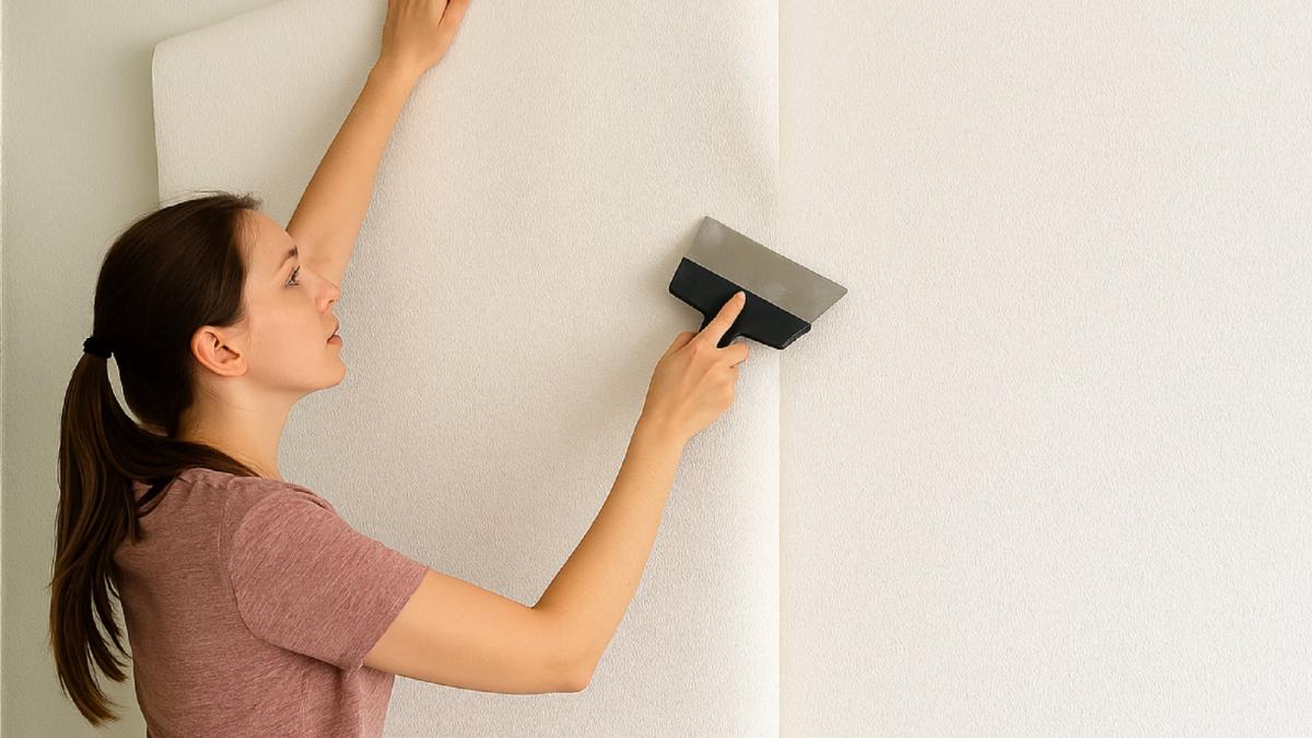 Девушка клеит обои под покраску