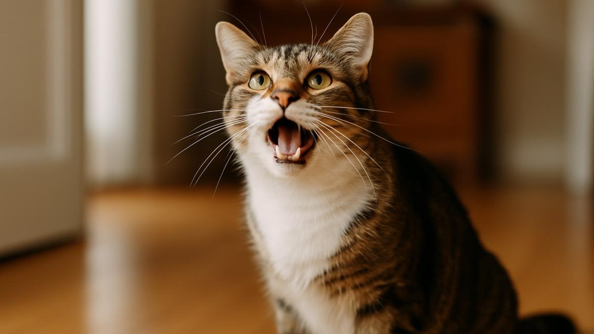 Кошка жалобно мяукает