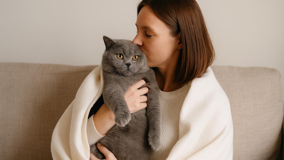 Женщина с котом дома Женщина с котом дома