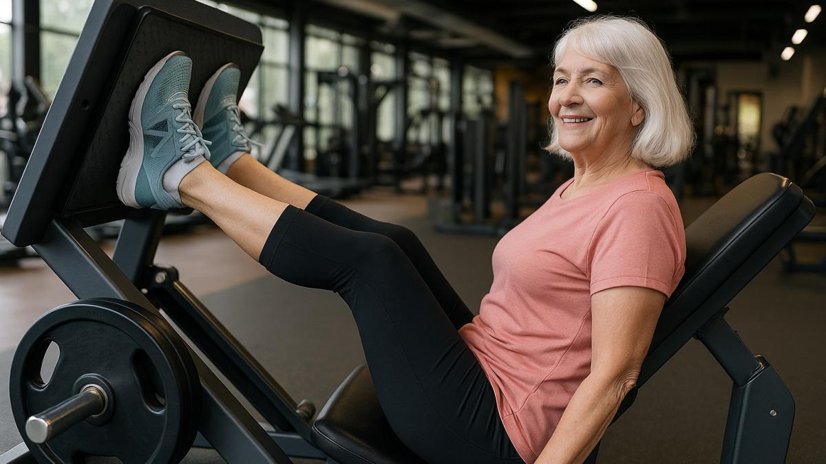 Пожилая женщина делает жим ногами