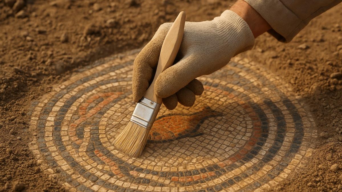 Расчистка древней мозаики кисточкой