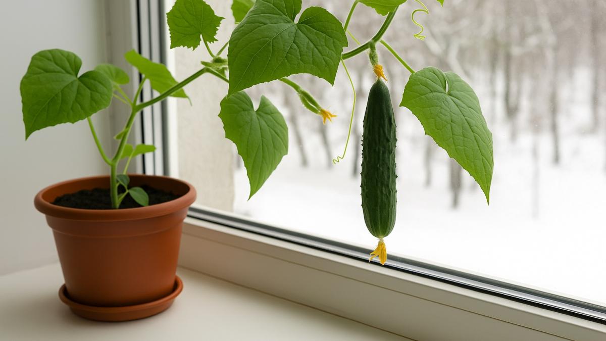 Огурец на подоконнике зимой