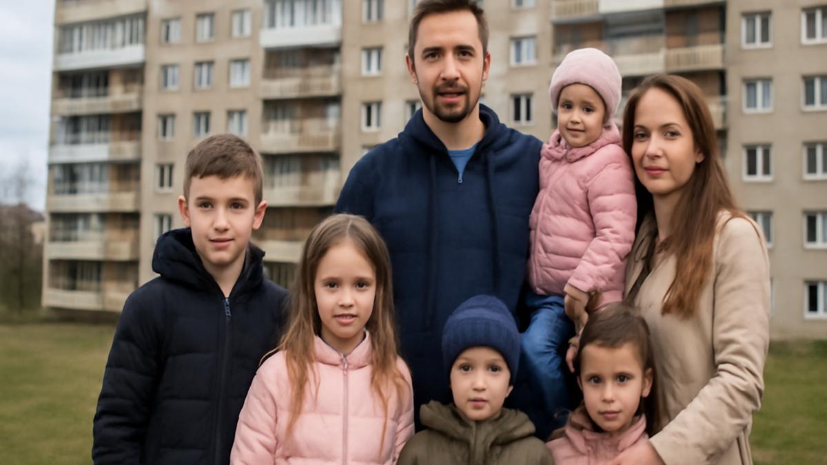 Многодетная семья перед домом