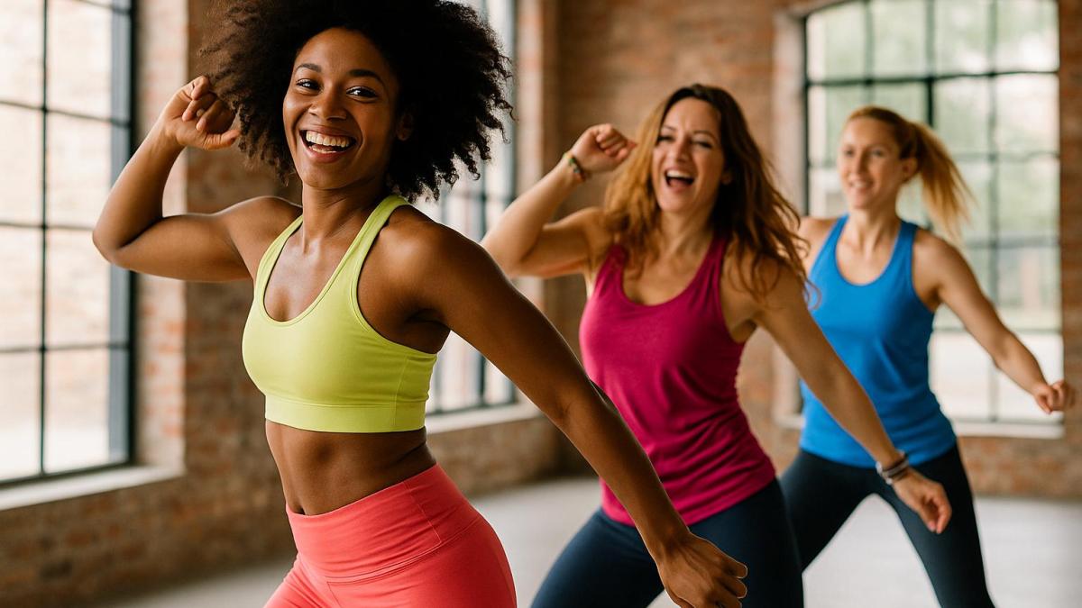 Группа людей танцует зумбу Группа людей танцует зумбу